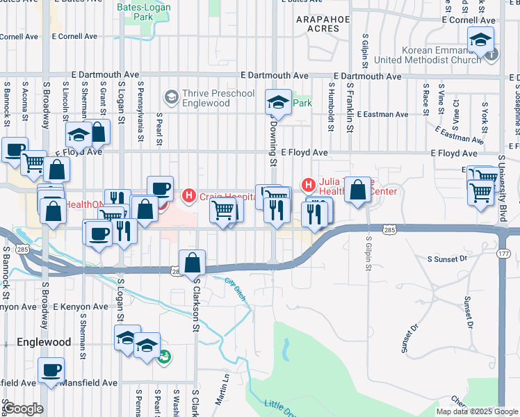 map of restaurants, bars, coffee shops, grocery stores, and more near 3450 South Corona Street in Englewood