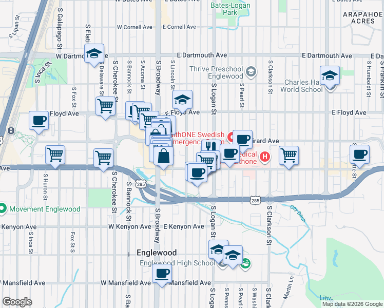 map of restaurants, bars, coffee shops, grocery stores, and more near 3460 South Sherman Street in Englewood
