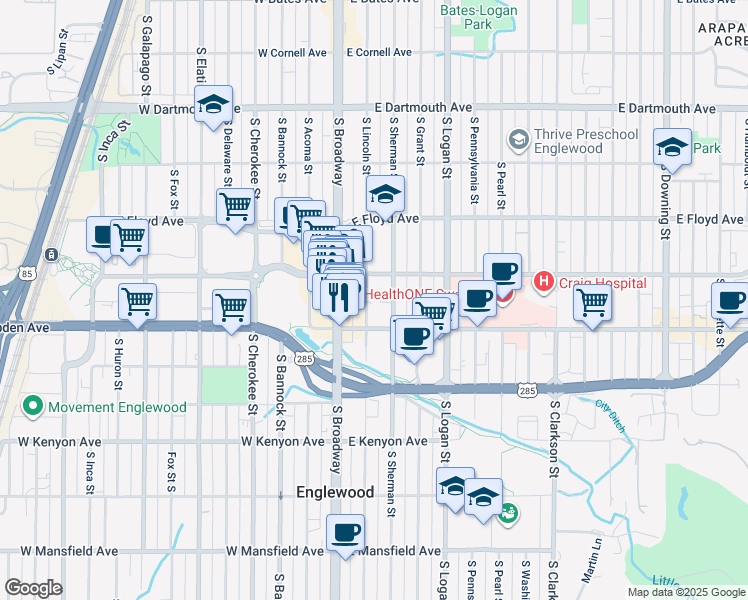 map of restaurants, bars, coffee shops, grocery stores, and more near 3462 South Lincoln Street in Englewood