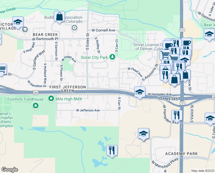 map of restaurants, bars, coffee shops, grocery stores, and more near 8567 West Hampden Avenue in Denver