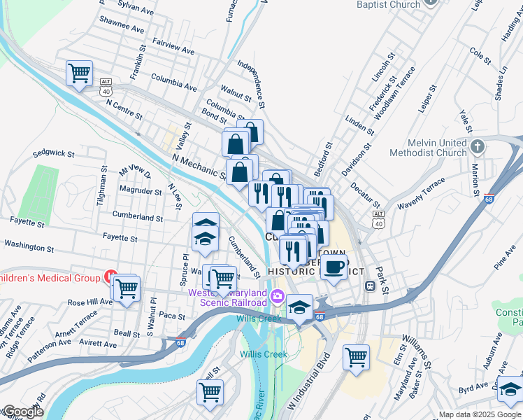 map of restaurants, bars, coffee shops, grocery stores, and more near 180 North Mechanic Street in Cumberland