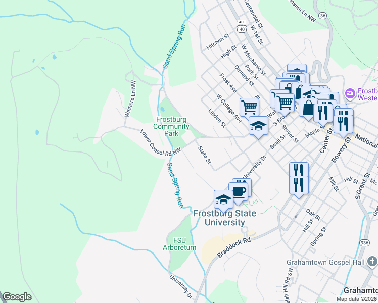 map of restaurants, bars, coffee shops, grocery stores, and more near 210 Lower Consol Road Northwest in Frostburg