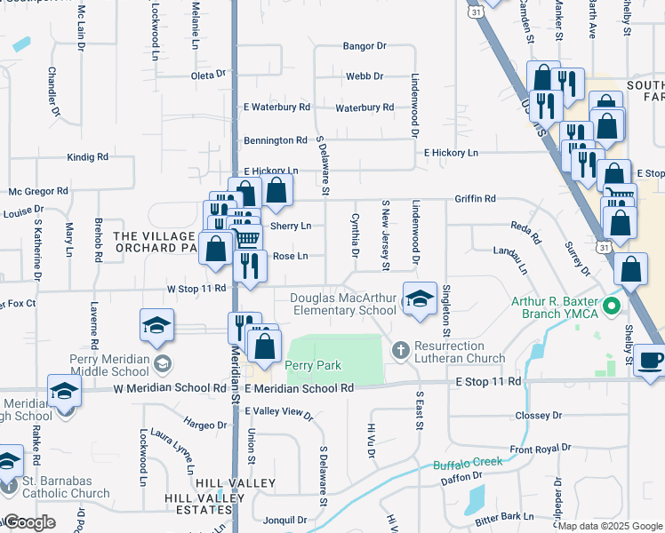 map of restaurants, bars, coffee shops, grocery stores, and more near 7702 South Delaware Street in Indianapolis
