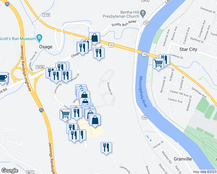 map of restaurants, bars, coffee shops, grocery stores, and more near Domain Drive in Granville