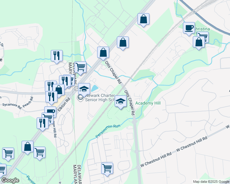 map of restaurants, bars, coffee shops, grocery stores, and more near 613 South Twin Lakes Boulevard in Newark