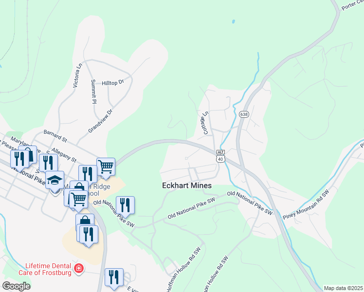 map of restaurants, bars, coffee shops, grocery stores, and more near 17100 National Highway in Frostburg