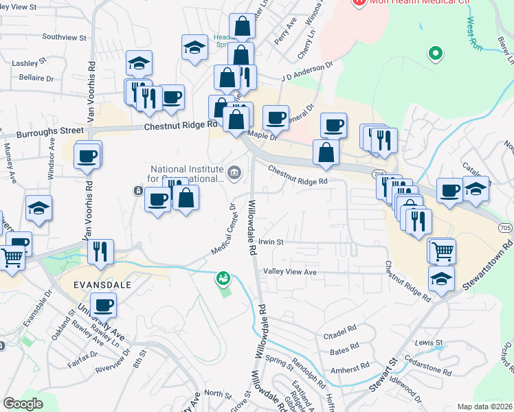 map of restaurants, bars, coffee shops, grocery stores, and more near 7 Willow Ridge Drive in Morgantown