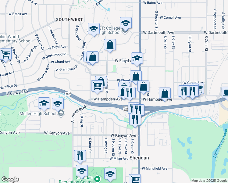 map of restaurants, bars, coffee shops, grocery stores, and more near 3245 West Hampden Avenue in Sheridan