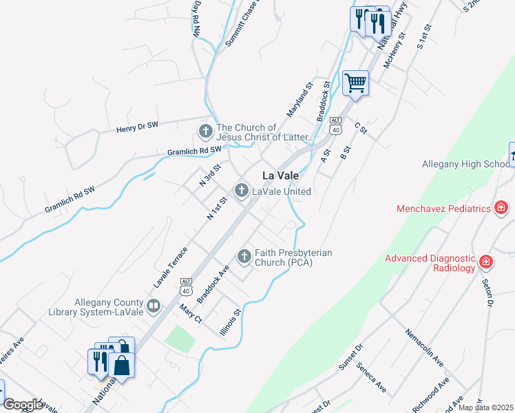 map of restaurants, bars, coffee shops, grocery stores, and more near 562 National Highway in La Vale
