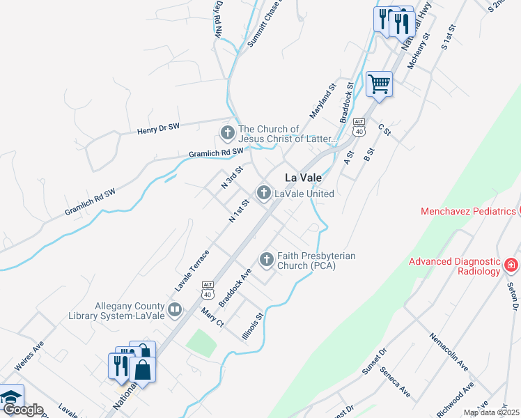map of restaurants, bars, coffee shops, grocery stores, and more near 605 National Highway in La Vale
