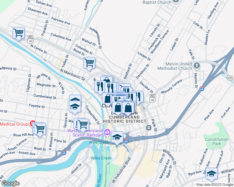 map of restaurants, bars, coffee shops, grocery stores, and more near 138 Bedford Street in Cumberland