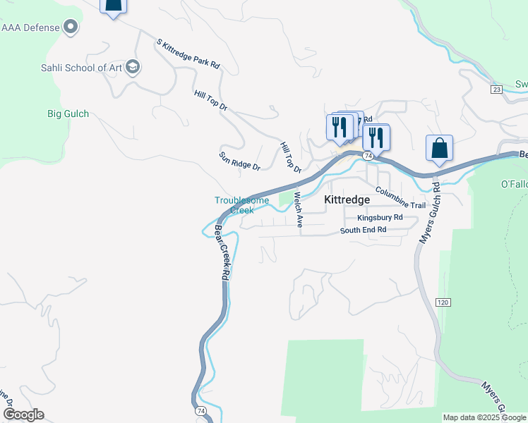 map of restaurants, bars, coffee shops, grocery stores, and more near 3456 Anna Lane in Evergreen