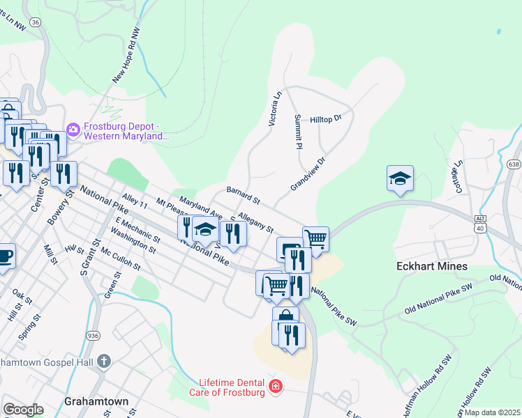 map of restaurants, bars, coffee shops, grocery stores, and more near 321 Barnard Street in Frostburg