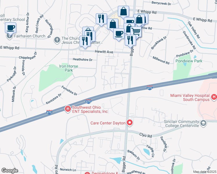 map of restaurants, bars, coffee shops, grocery stores, and more near 1326 Huntsman Lane in Dayton