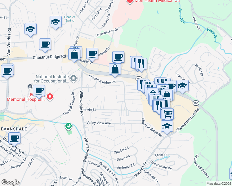map of restaurants, bars, coffee shops, grocery stores, and more near 8017 Chestnut Hill in Morgantown