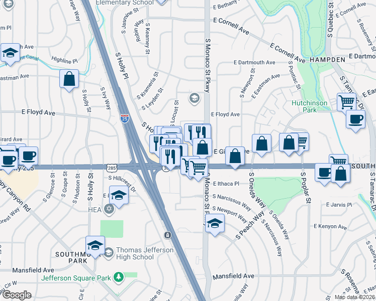 map of restaurants, bars, coffee shops, grocery stores, and more near 6435 East Hampden Avenue in Denver