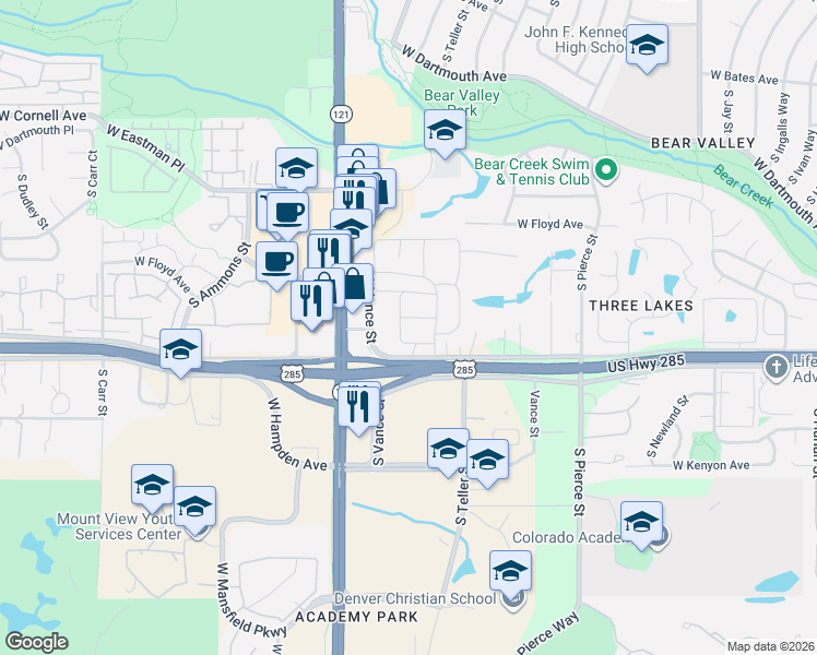 map of restaurants, bars, coffee shops, grocery stores, and more near 7309 West Hampden Avenue in Lakewood