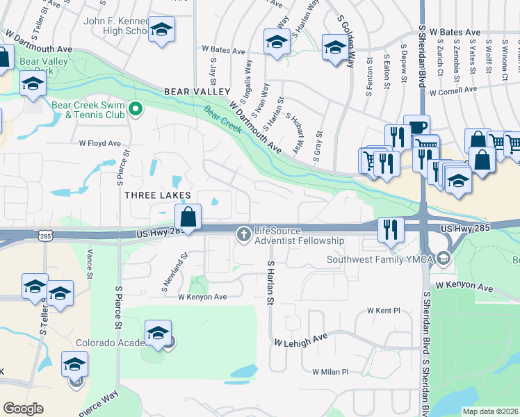 map of restaurants, bars, coffee shops, grocery stores, and more near 5995 West Hampden Avenue in Denver