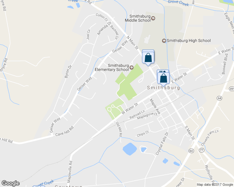 map of restaurants, bars, coffee shops, grocery stores, and more near 66 West Water Street in Smithsburg