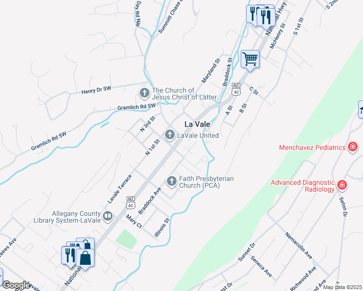map of restaurants, bars, coffee shops, grocery stores, and more near 562 National Highway in La Vale