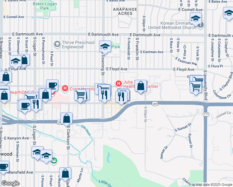 map of restaurants, bars, coffee shops, grocery stores, and more near 1375 East Hampden Avenue in Englewood