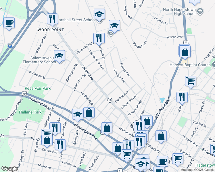 map of restaurants, bars, coffee shops, grocery stores, and more near 434 Stratford Avenue in Hagerstown