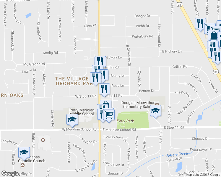 map of restaurants, bars, coffee shops, grocery stores, and more near 107 Rose Lane in Indianapolis