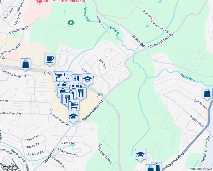 map of restaurants, bars, coffee shops, grocery stores, and more near 4006 Cedar Court in Morgantown