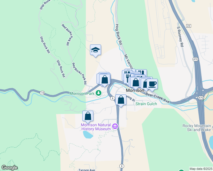 map of restaurants, bars, coffee shops, grocery stores, and more near 103 Bear Creek Lane in Morrison