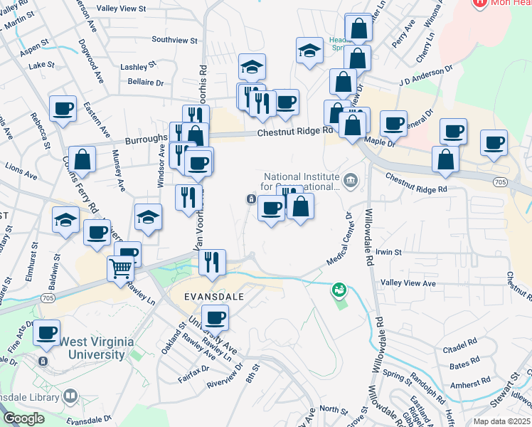 map of restaurants, bars, coffee shops, grocery stores, and more near in Morgantown