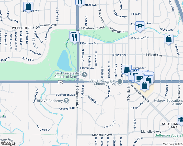 map of restaurants, bars, coffee shops, grocery stores, and more near 3440 South Ash Street in Denver