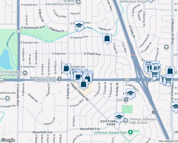 map of restaurants, bars, coffee shops, grocery stores, and more near 3440 South Fairfax Street in Denver