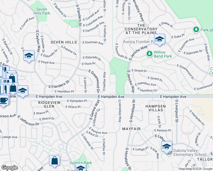 map of restaurants, bars, coffee shops, grocery stores, and more near 3420 South Halifax Way in Aurora