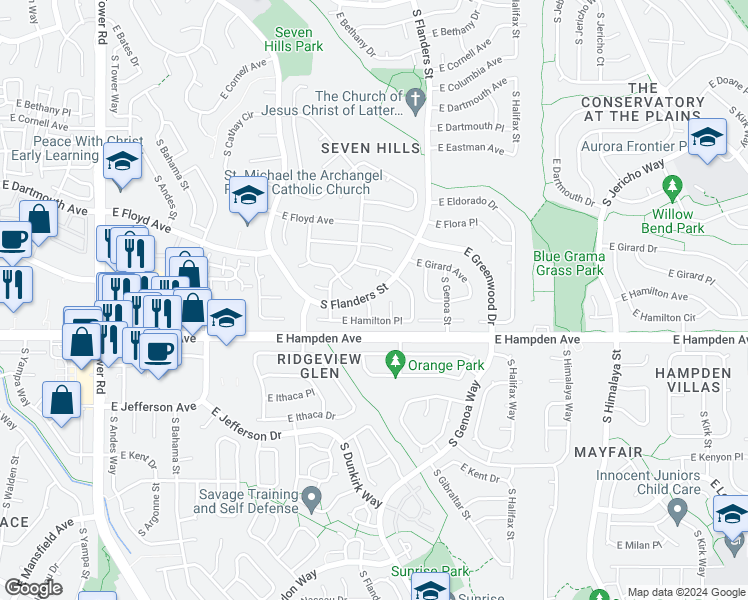 map of restaurants, bars, coffee shops, grocery stores, and more near 3459 South Espana Court in Aurora