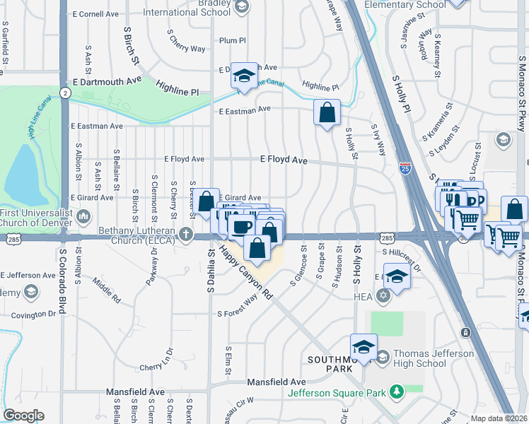 map of restaurants, bars, coffee shops, grocery stores, and more near 3452 South Fairfax Street in Denver