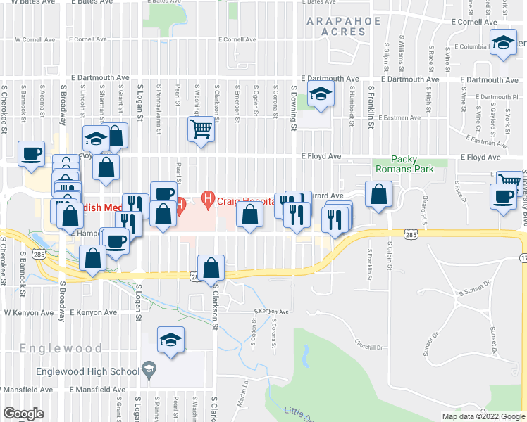 map of restaurants, bars, coffee shops, grocery stores, and more near 3446 South Emerson Street in Englewood