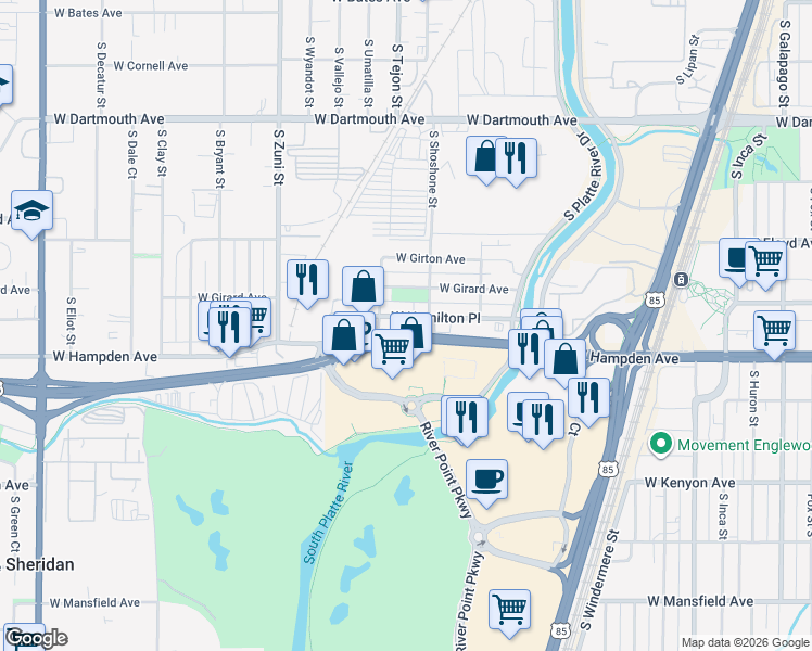 map of restaurants, bars, coffee shops, grocery stores, and more near 1900 West Hamilton Place in Englewood