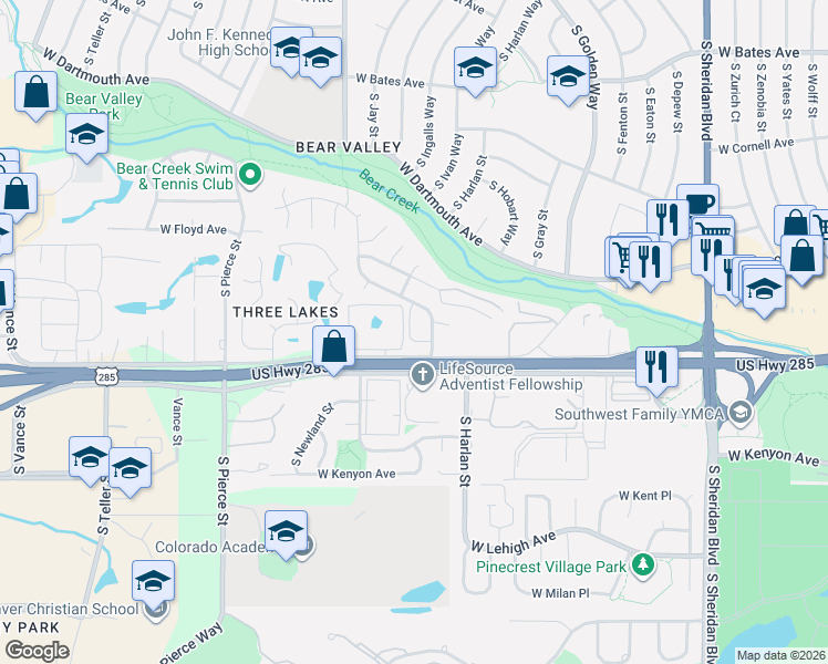 map of restaurants, bars, coffee shops, grocery stores, and more near 6105 West Hampden Avenue in Denver