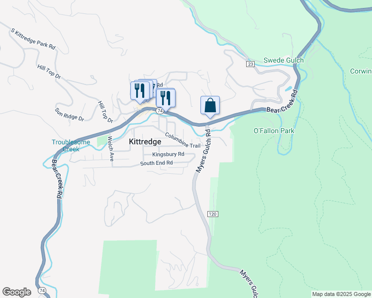 map of restaurants, bars, coffee shops, grocery stores, and more near 26089 Kingsbury Road in Kittredge