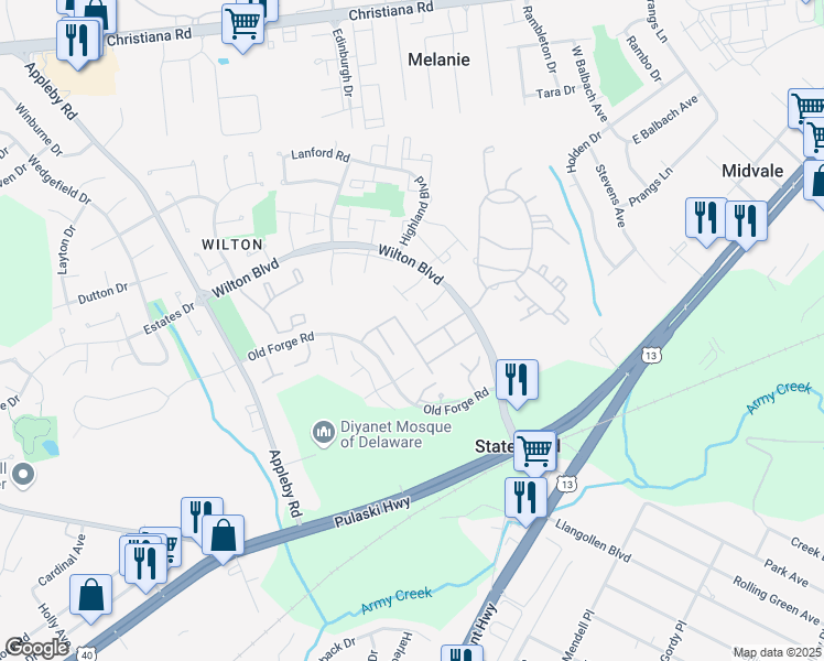 map of restaurants, bars, coffee shops, grocery stores, and more near 13 Revelle Street in New Castle