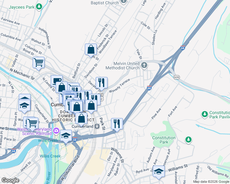 map of restaurants, bars, coffee shops, grocery stores, and more near 25 Waverly Terrace in Cumberland