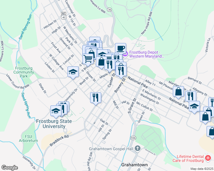 map of restaurants, bars, coffee shops, grocery stores, and more near 114 Wood Street in Frostburg