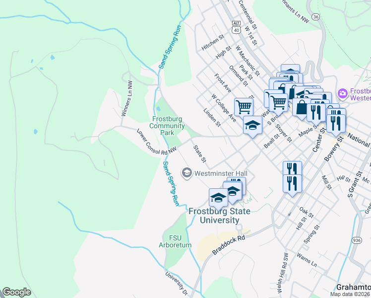 map of restaurants, bars, coffee shops, grocery stores, and more near 210 Lower Consol Road Northwest in Frostburg
