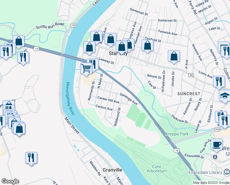 map of restaurants, bars, coffee shops, grocery stores, and more near 258 Canfield Street in Star City