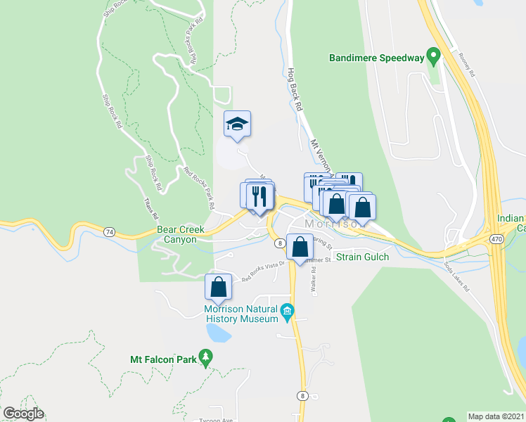 map of restaurants, bars, coffee shops, grocery stores, and more near 103 Bear Creek Lane in Morrison