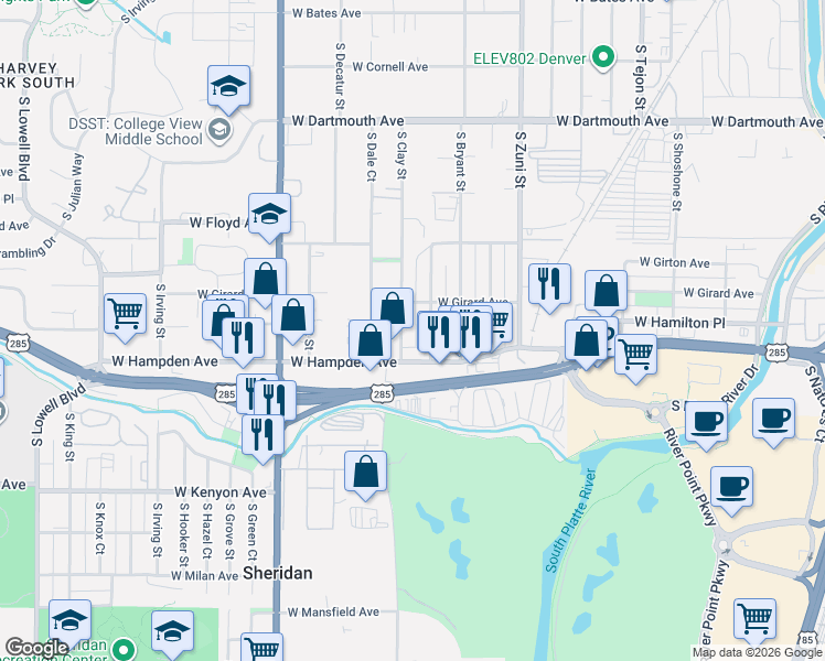 map of restaurants, bars, coffee shops, grocery stores, and more near 3450 South Clay Street in Englewood