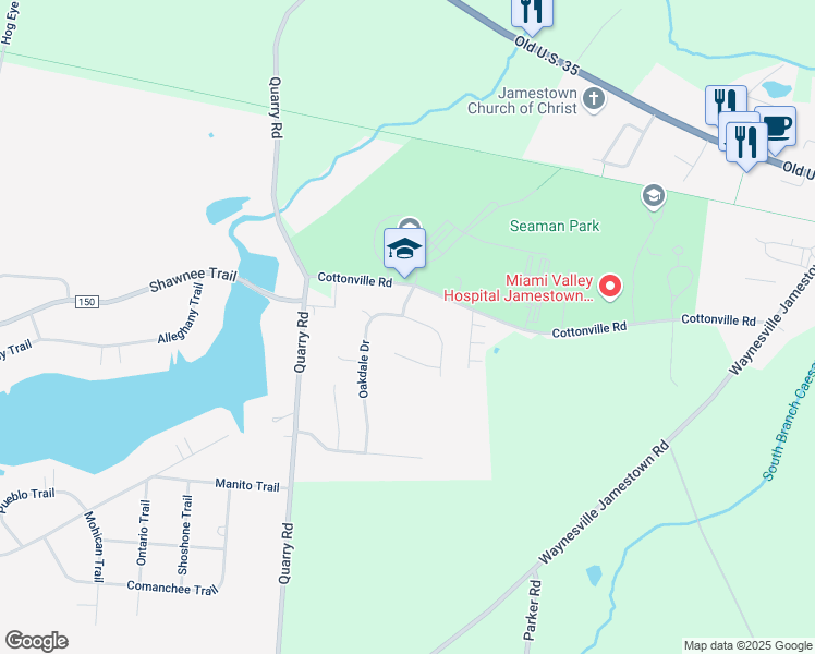 map of restaurants, bars, coffee shops, grocery stores, and more near 753 Glenwood Drive in Jamestown