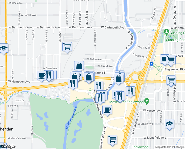 map of restaurants, bars, coffee shops, grocery stores, and more near 1900 West Hamilton Place in Englewood