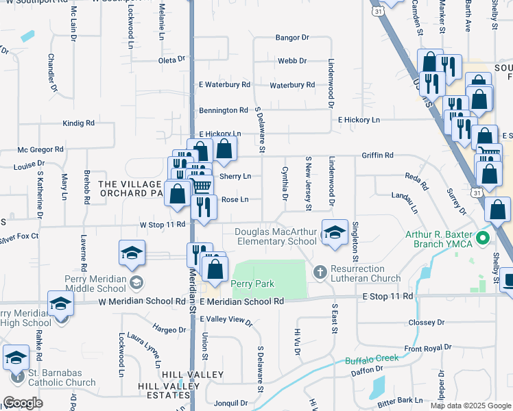 map of restaurants, bars, coffee shops, grocery stores, and more near 7702 South Delaware Street in Indianapolis
