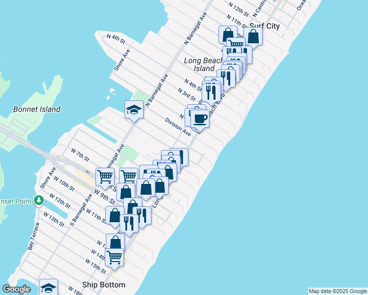 map of restaurants, bars, coffee shops, grocery stores, and more near 108 South 1st Street in Surf City